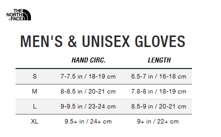 The north face gloves size chart hotsell